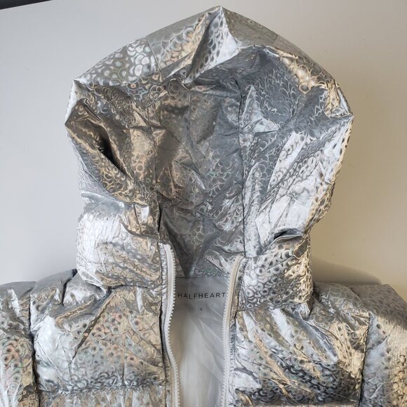 Silver Shine Holographic Crop Puffer Vest Rave Gem Y2K Style Zip + Side Strings - Picture 10 of 12